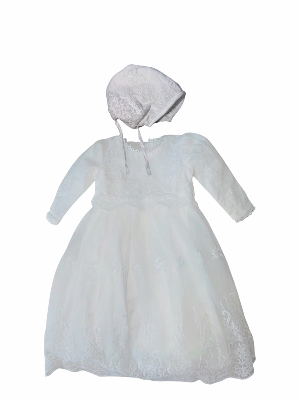 Elegant White Lace Christening Gown with Bonnet - 24 Months